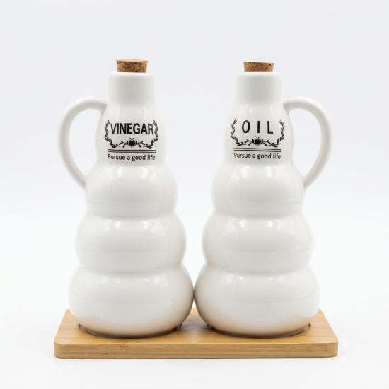 Porcelain Oil Dispenser Set 2 Pcs With Wooden Stand